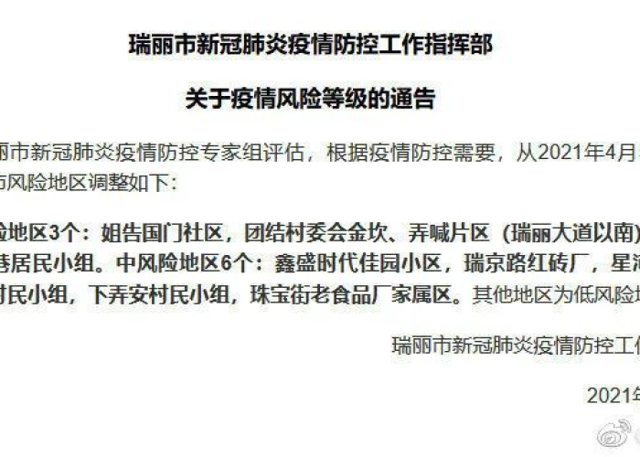 云南瑞丽一地升为中风.../云南瑞丽再发通告